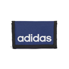 Adidas Linear Wallet in navy and white with sleek design, front view showing the brand logo and wallet details.