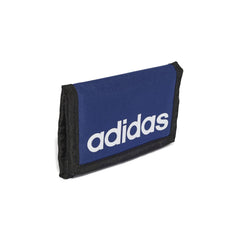 Adidas Linear Wallet in navy and white, showing front and side views with sleek design and branding details.