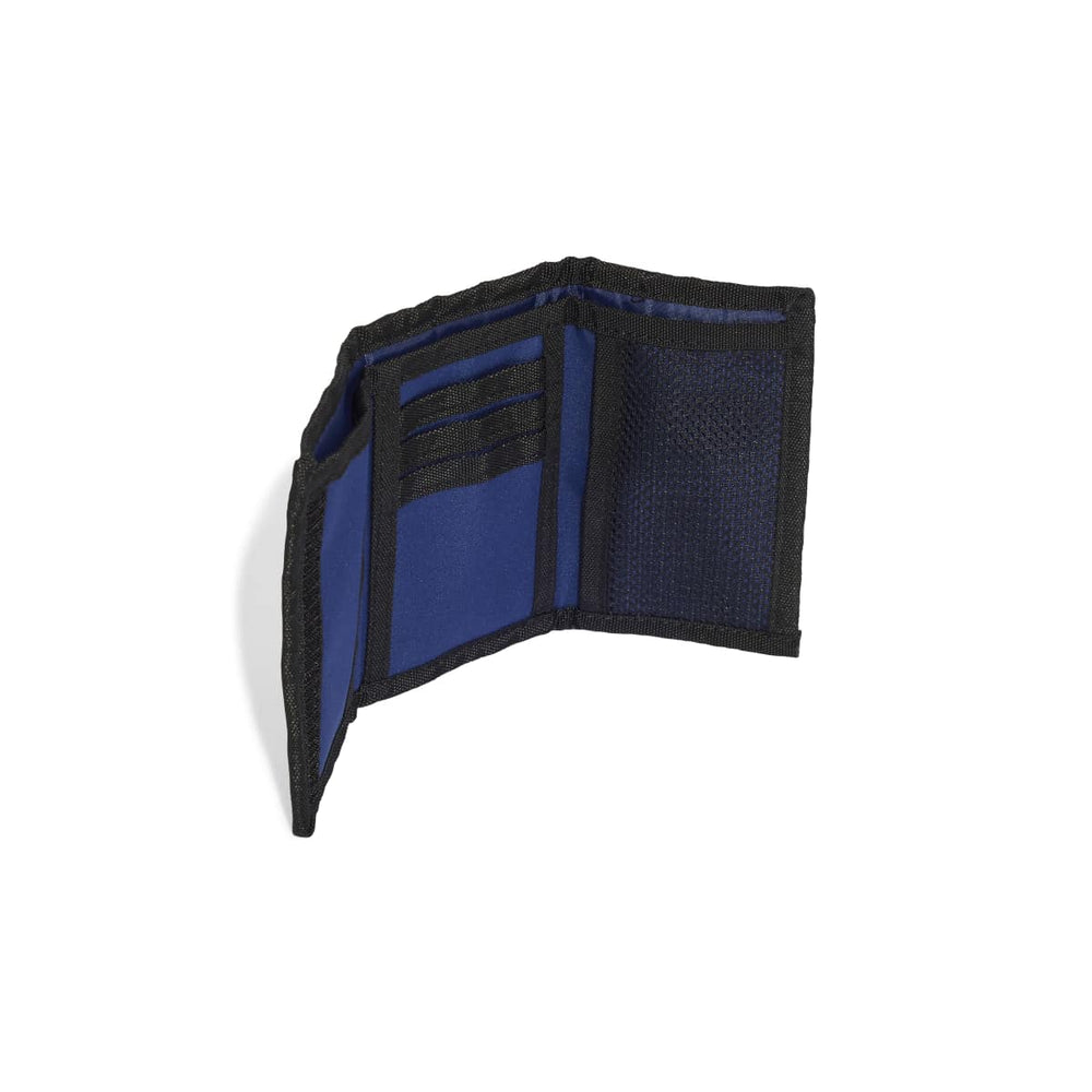 Adidas Linear Wallet in navy and white, front view showing interior compartments and hardware details.