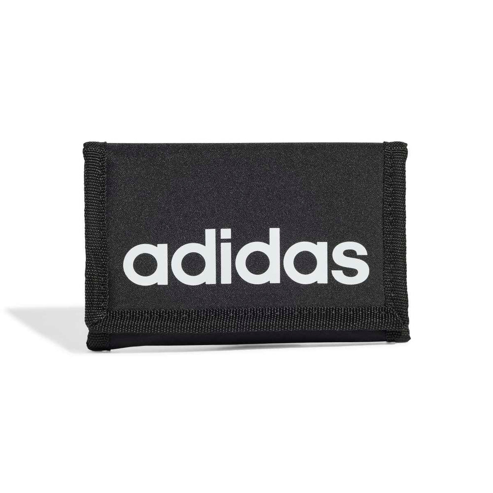 Adidas Linear Wallet in black and white, showing the front view with sleek design and logo on the wallet.