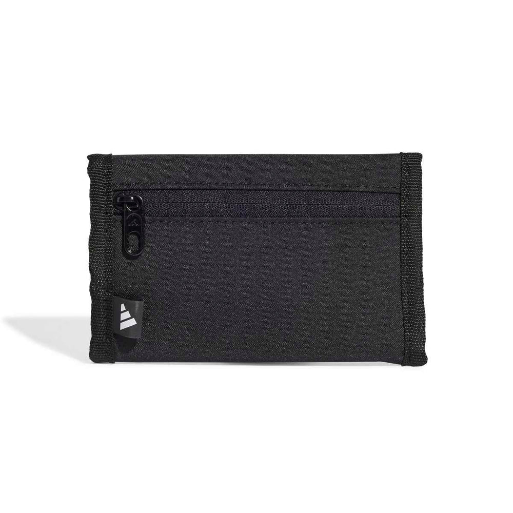 Black and white Adidas Linear Wallet with sleek design, shown from the back center view, highlighting the brand logo and wallet details.
