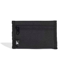 Black and white Adidas Linear Wallet with sleek design, shown from the back center view, highlighting the brand logo and wallet details.