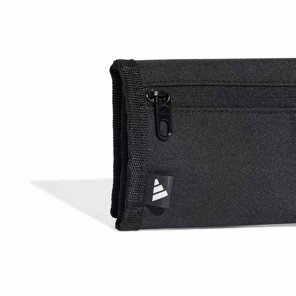 Close-up of Adidas Linear Wallet in black and white, showing the sleek design and branding details.