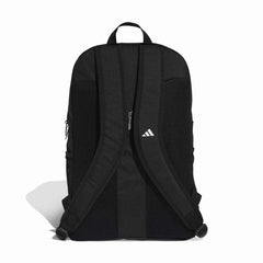 Black Adidas Tiro backpack viewed from the back, with padded shoulder straps and a sleek, sporty design.