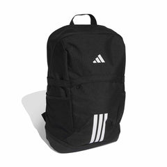 Black Adidas Tiro backpack shown from front and side views, featuring multiple compartments and adjustable straps.