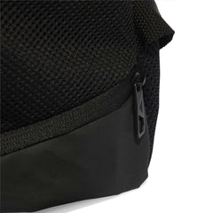 Close-up of the black Adidas TIRO backpack showing textured fabric and sturdy zippers, with the Adidas logo visible.