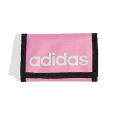 Adidas Pink and White Linear Wallet shown from the front, featuring a sleek design with the Adidas logo on the pink wallet.
