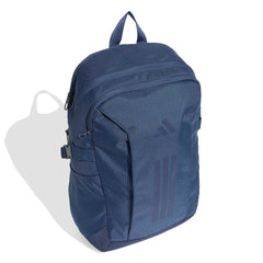 Adidas PrimeLift Backpack in Night Marine color, front and side view showing durable fabric, multiple compartments, and padded straps.