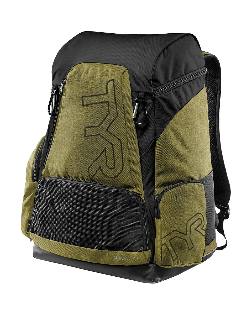 TYR Alliance 45L backpack in khaki with multiple compartments and adjustable straps, designed for versatile outdoor or sports use.