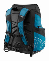 TYR Alliance 45L backpack in teal with multiple compartments and adjustable straps, ideal for sports and travel.