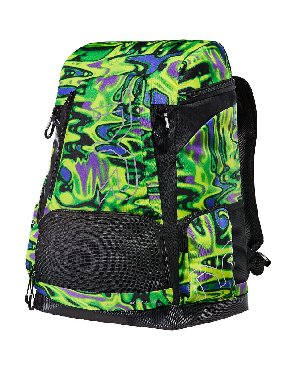 TYR Alliance 45L printed backpack in Flux Lime and Multi with adjustable straps and multiple compartments.