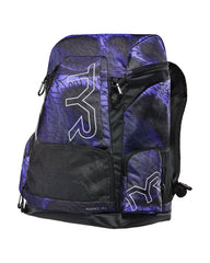 TYR Alliance 45L printed backpack with Hoodori design in smoke and black, featuring multiple compartments and adjustable straps.