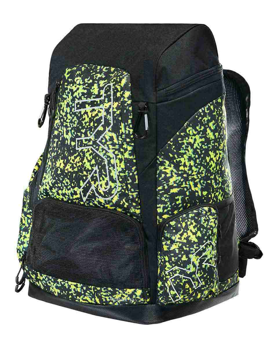 TYR Alliance 45L Ruis Printed Backpack in Limelight with adjustable straps and spacious main compartment, showcasing colorful design.