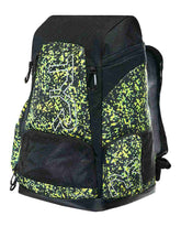 TYR Alliance 45L Ruis Printed Backpack in Limelight with adjustable straps and spacious main compartment, showcasing colorful design.