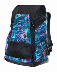 Blue and pink TYR Alliance 45L Marmaris printed backpack with adjustable straps and spacious main compartment.