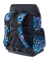 TYR Alliance 45L Marmaris printed backpack in blue and pink with adjustable straps and spacious main compartment.
