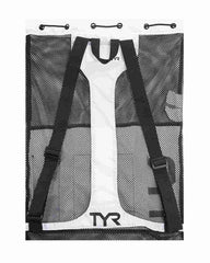 White TYR Big Mesh Mummy Backpack with large mesh compartments, durable straps, and a spacious design for swimming gear storage.