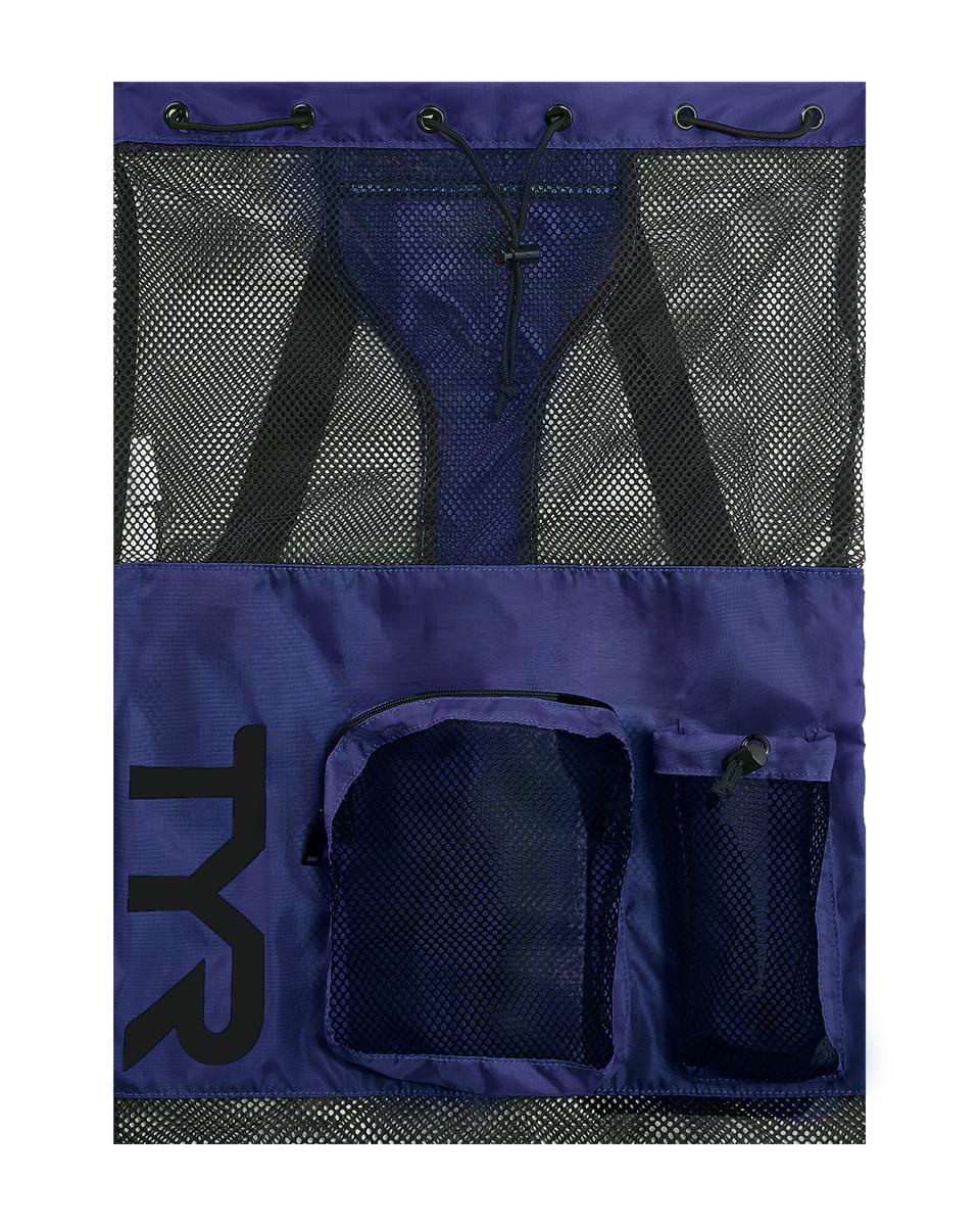 Blue TYR Big Mesh Mummy Backpack with breathable mesh design and adjustable straps, ideal for swimming or sports activities.