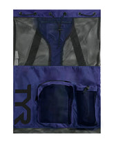 Blue TYR Big Mesh Mummy Backpack with breathable mesh design and adjustable straps, ideal for swimming or sports activities.