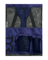Blue TYR Big Mesh Mummy Backpack with breathable mesh design and adjustable straps, ideal for swimming or sports activities.