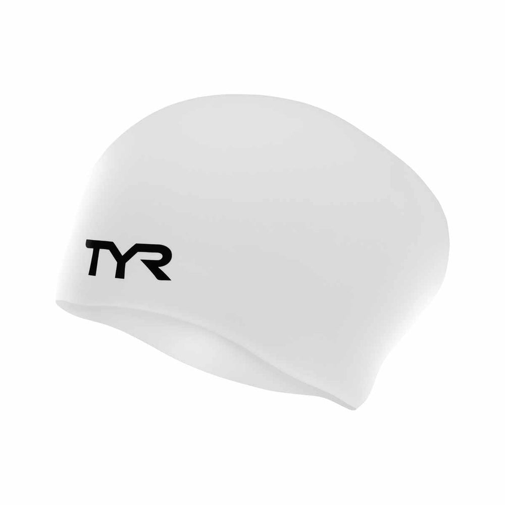 White TYR long hair silicone swimming cap with wrinkle-free design, ideal for comfortable, secure fit during swimming.