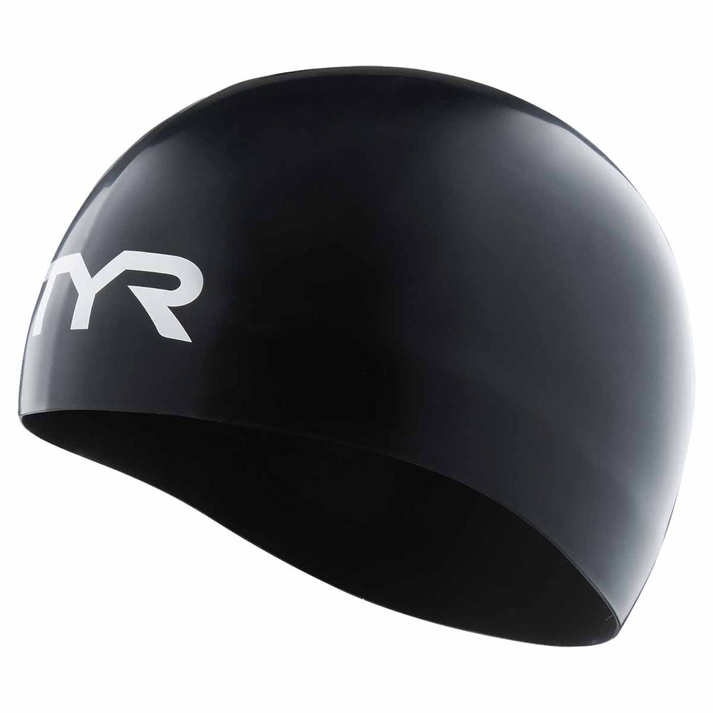Black TYR Tracer-X Dome Racing swimming cap, lightweight and aerodynamic, designed for competitive swimmers.
