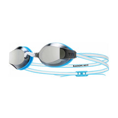 TYR Blackops 140 EV female racing goggles in blue and white with reflective mirror lenses, designed for competitive swimming.