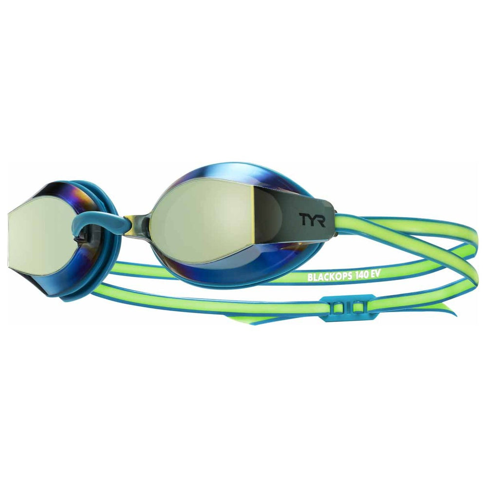 TYR Blackops 140 EV Mirror racing goggles with turquoise and lime accents, featuring a sleek design and mirrored lenses.