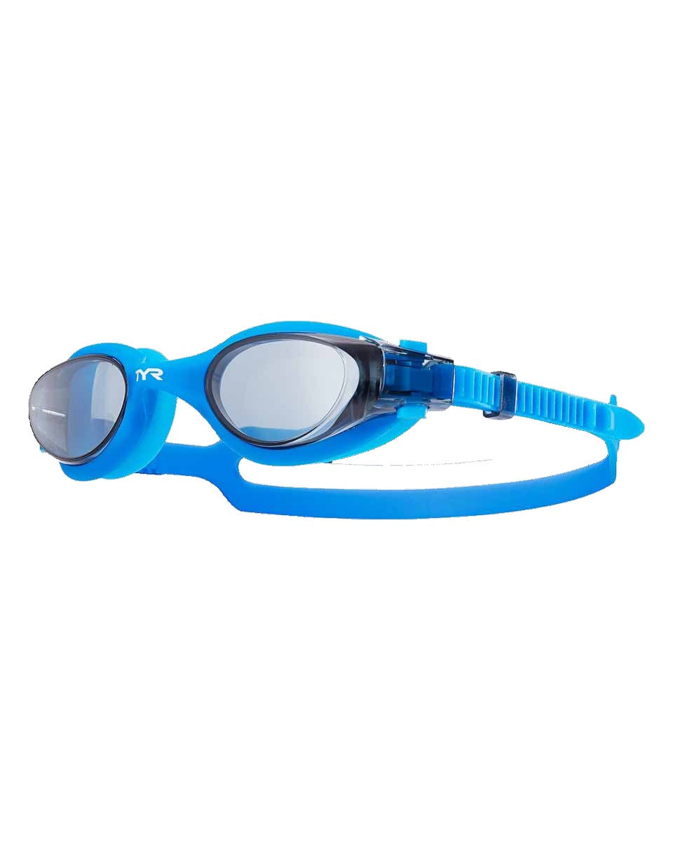 TYR Vesi swim goggles in smoke and blue with adjustable straps and clear lenses for comfortable swimming.