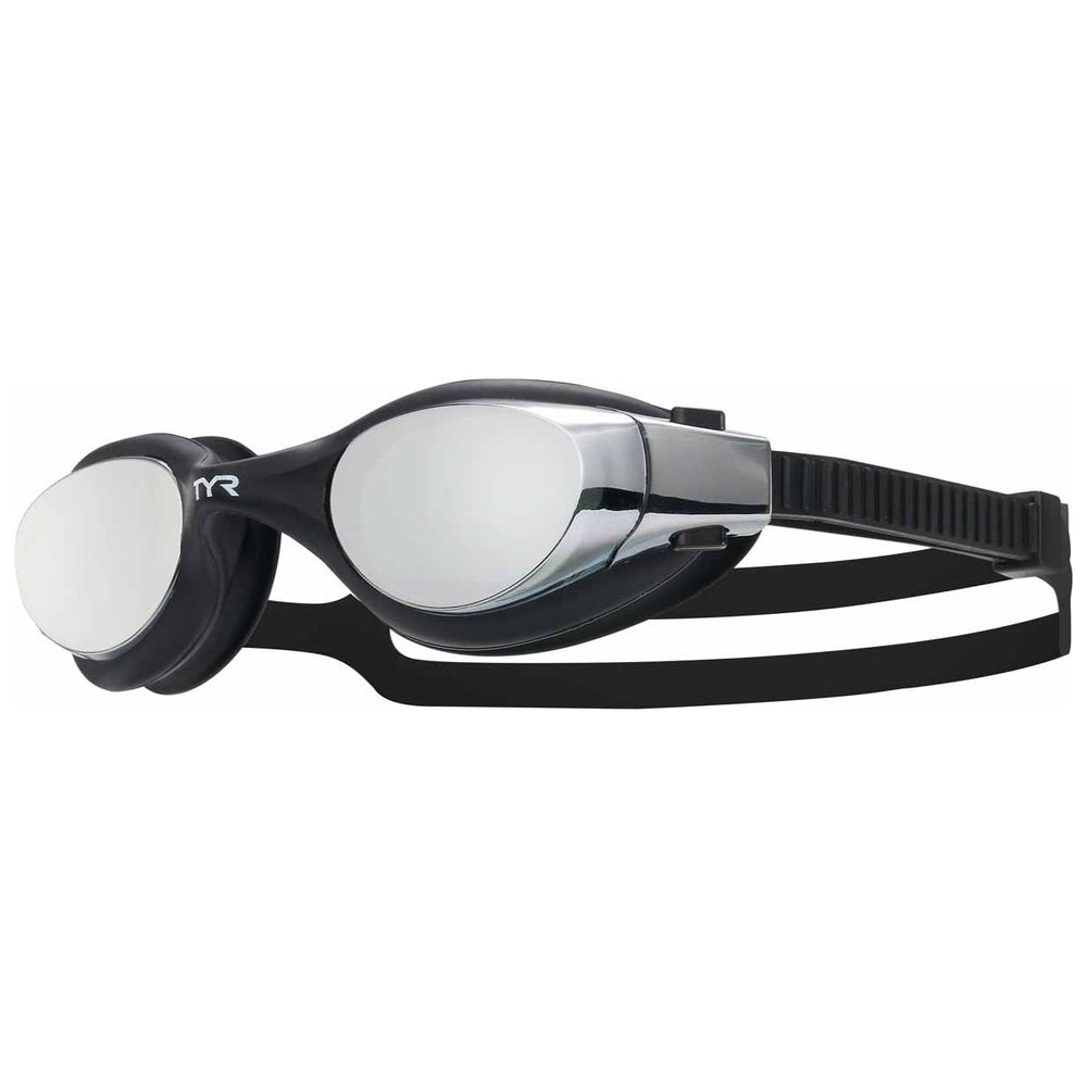 TYR Vesi Mirror Goggles in black with mirrored lenses, designed for swimming, showing the sleek, adjustable strap and reflective surface.