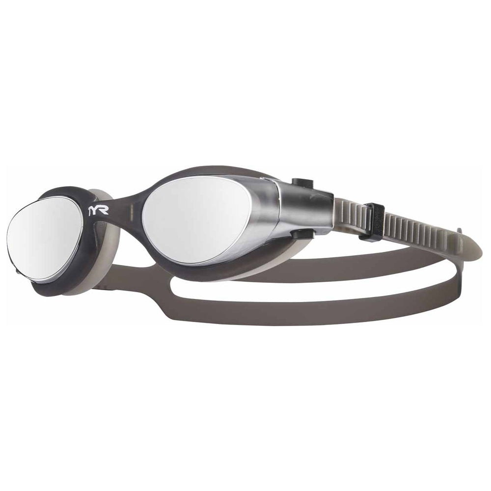 TYR Vesi Mirror swimming goggles in silver and black with reflective lenses, designed for competitive and recreational swimming.