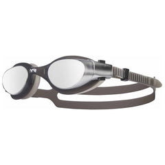 TYR Vesi Mirror swimming goggles in silver and black with reflective lenses, designed for competitive and recreational swimming.