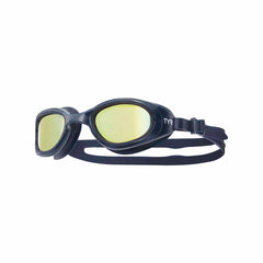 TYR Special Ops 2.0 mirror goggles in gold and navy with adjustable straps and tinted lenses for swimming.