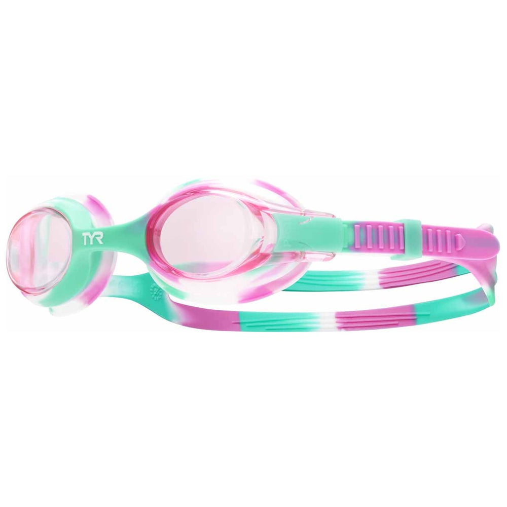 TYR Junior Swimple tie-dye goggles in pink and mint with adjustable straps and clear lenses, suitable for young swimmers.