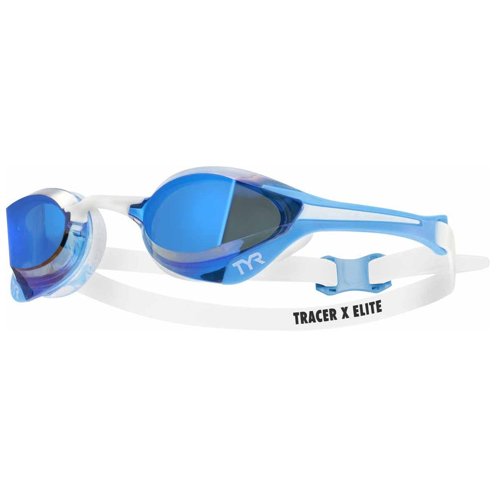 TYR Tracer-X Elite Mirror racing goggles in blue and white with mirrored lenses, designed for competitive swimming.