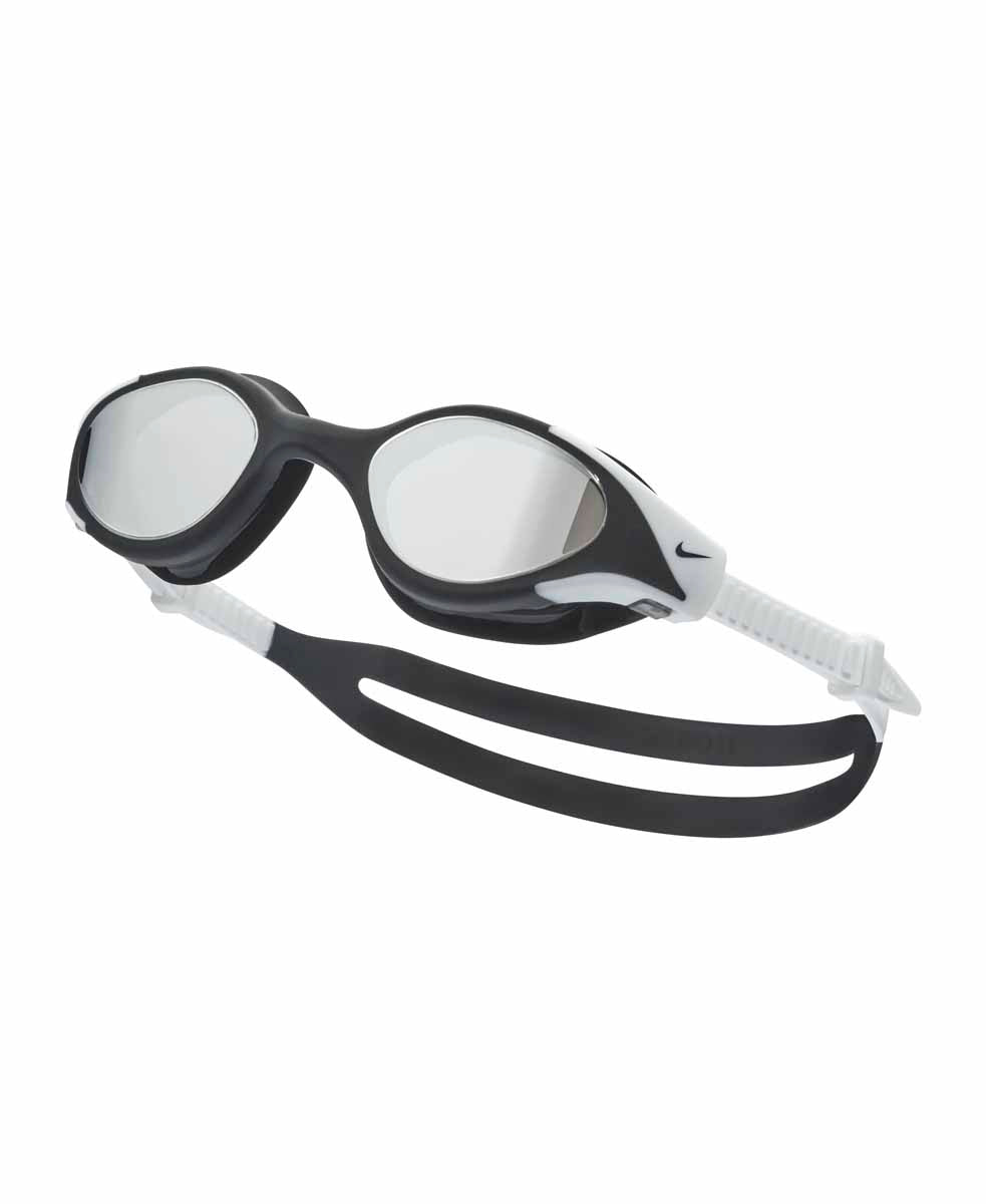 Nike Flex Fusion Pro Mirror Goggles in black and white, featuring a sleek design with mirrored lenses for swimming.