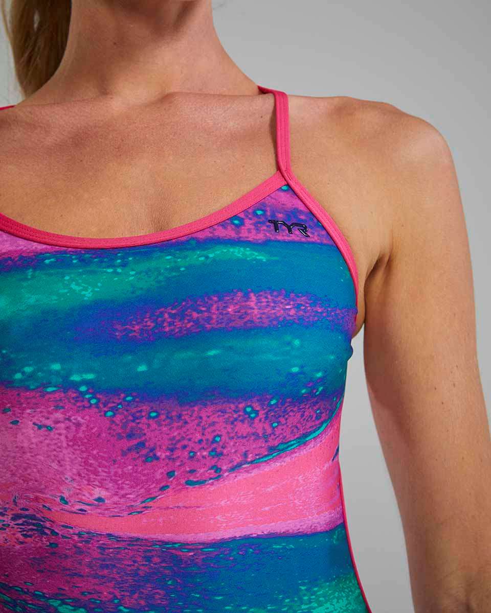 TYR Womens Diffusion Trinityfit Plasma Swimsuit showing sleek design, vibrant plasma color, and supportive fit on mannequin.