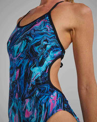 TYR Women's Marmaris Crosscutfit tieback swimsuit in blue and pink, featuring a sleek design and supportive fit.