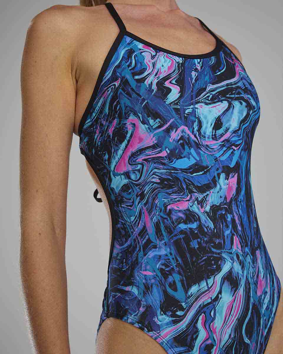 TYR Womens Marmaris Crosscutfit Tieback Swimsuit in blue and pink, featuring a sleek design and adjustable tieback for active swimming.