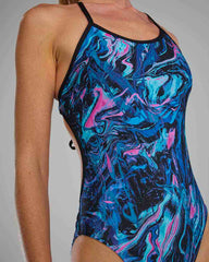 TYR Womens Marmaris Crosscutfit Tieback Swimsuit in blue and pink, featuring a sleek design and adjustable tieback for active swimming.