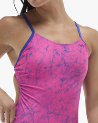 TYR Women's Zephyr Cutoutfit Swimsuit in pink and royal blue, featuring stylish cutout design and sleek fit.