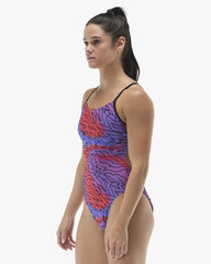 TYR women's Hodori cutout swimsuit in orange and purple, featuring a stylish design and athletic fit for swimming and beachwear.