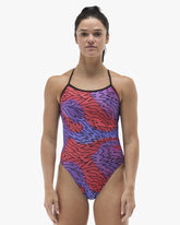 TYR women's Hodori Trinityfit swimsuit in orange and purple, featuring sleek design and supportive fit for competitive swimming.