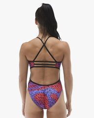 TYR womens Hodori Trinityfit swimsuit in orange and purple, with a sleek design and supportive fit, perfect for competitive swimming.