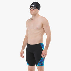 TYR men's Olea jammer swimsuit in blue and green, featuring a sleek design and comfortable fit for competitive swimming.