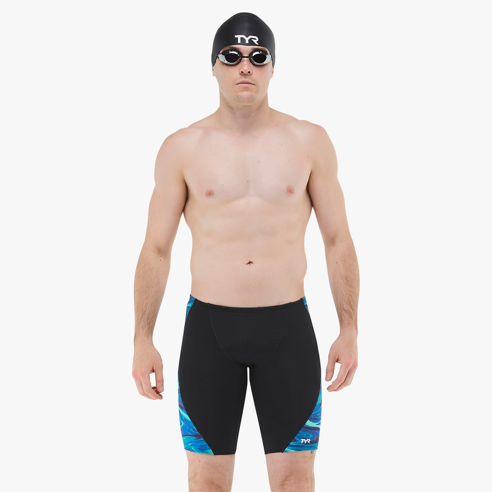 TYR men's Olea jammer swimming trunks in blue and green with a fitted design for competitive and training swimwear.