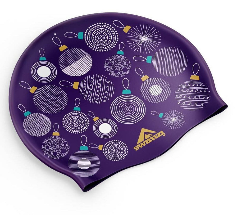 Swimzi Christmas purple baubles swim cap for women, featuring festive purple bauble designs, made of waterproof material.