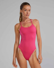 TYR women's solid fuchsia cutout swimsuit with stylish design, featuring a sleek fit and supportive straps.