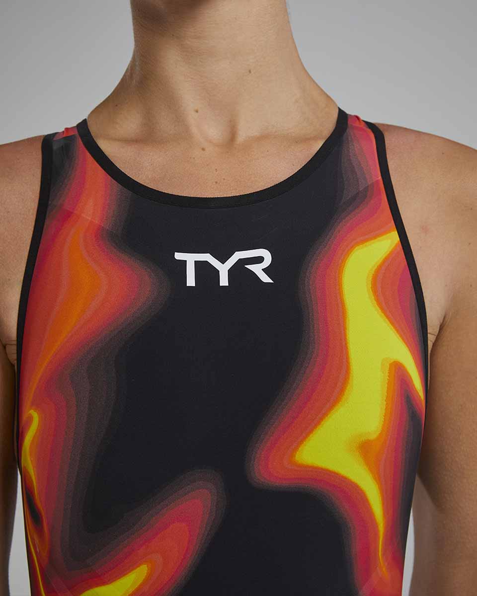 TYR Womens Venzo Infrared openback kneeskin suit in fire color, designed for swimmers, featuring a sleek, form-fitting openback design.