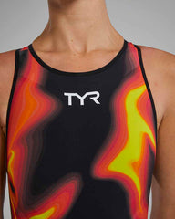 TYR Womens Venzo Infrared openback kneeskin suit in fire color, designed for swimmers, featuring a sleek, form-fitting openback design.